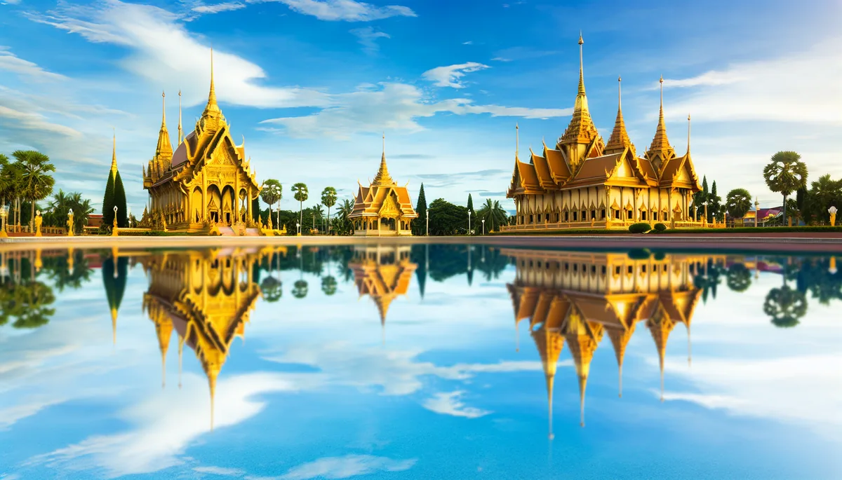 Golden Buddhist temple with ornate spires reflected in calm water under a bright blue tropical sky in Thailand