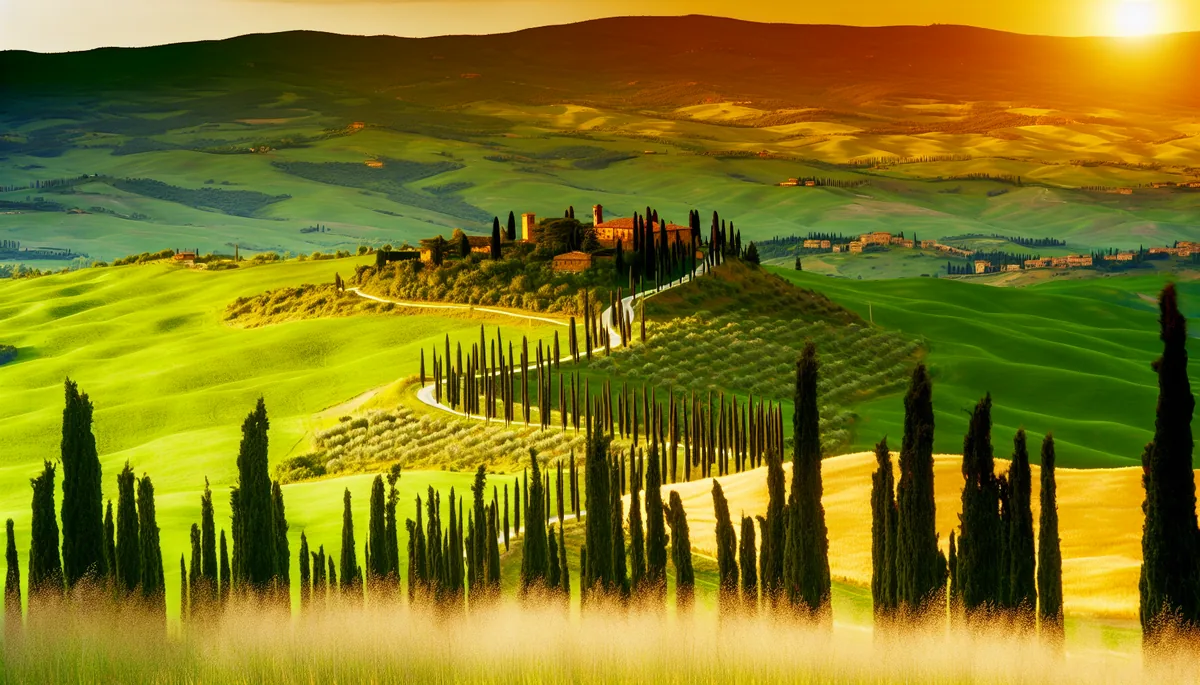 Scenic Tuscan countryside with rolling hills, cypress trees, and a medieval hilltop village bathed in golden sunset light