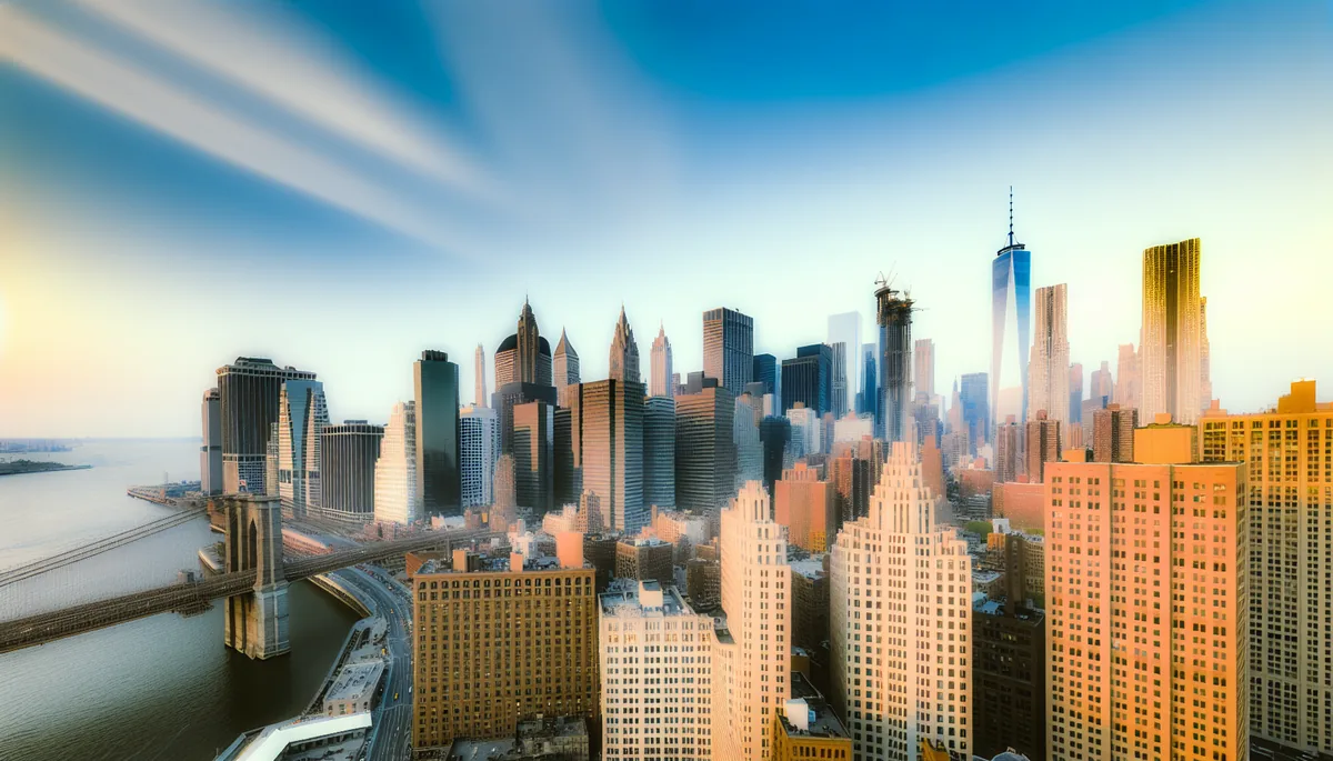 Stunning golden hour view of Manhattan skyline from Brooklyn Bridge, showcasing iconic American skyscrapers and urban architecture