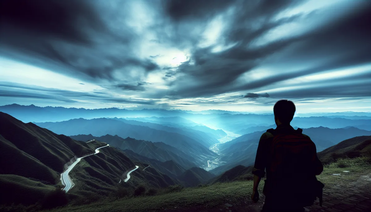 Silhouette of a traveler standing at a mountain viewpoint overlooking winding roads and valleys under a dramatic cloudy sky