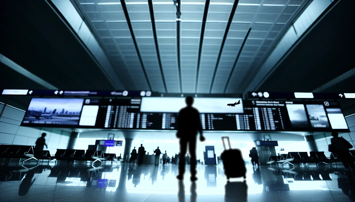Silhouette of a traveler standing alone in a large airport terminal with departure gates and signage blurred in the background
