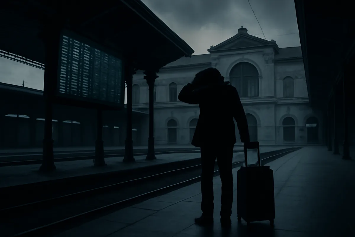Silhouette of a traveler standing alone on a European train station platform under overcast skies, conveying the challenges of international travel