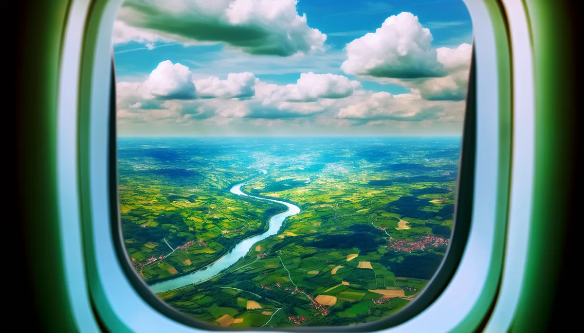 View from airplane window showing wing and European countryside landscape below with fields, rivers, and clouds during flight