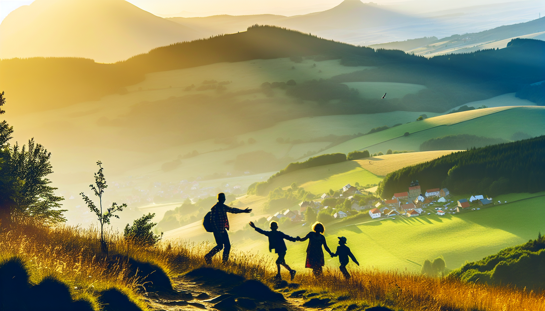 Family silhouettes walking together on a mountain trail in Slovak countryside during golden hour