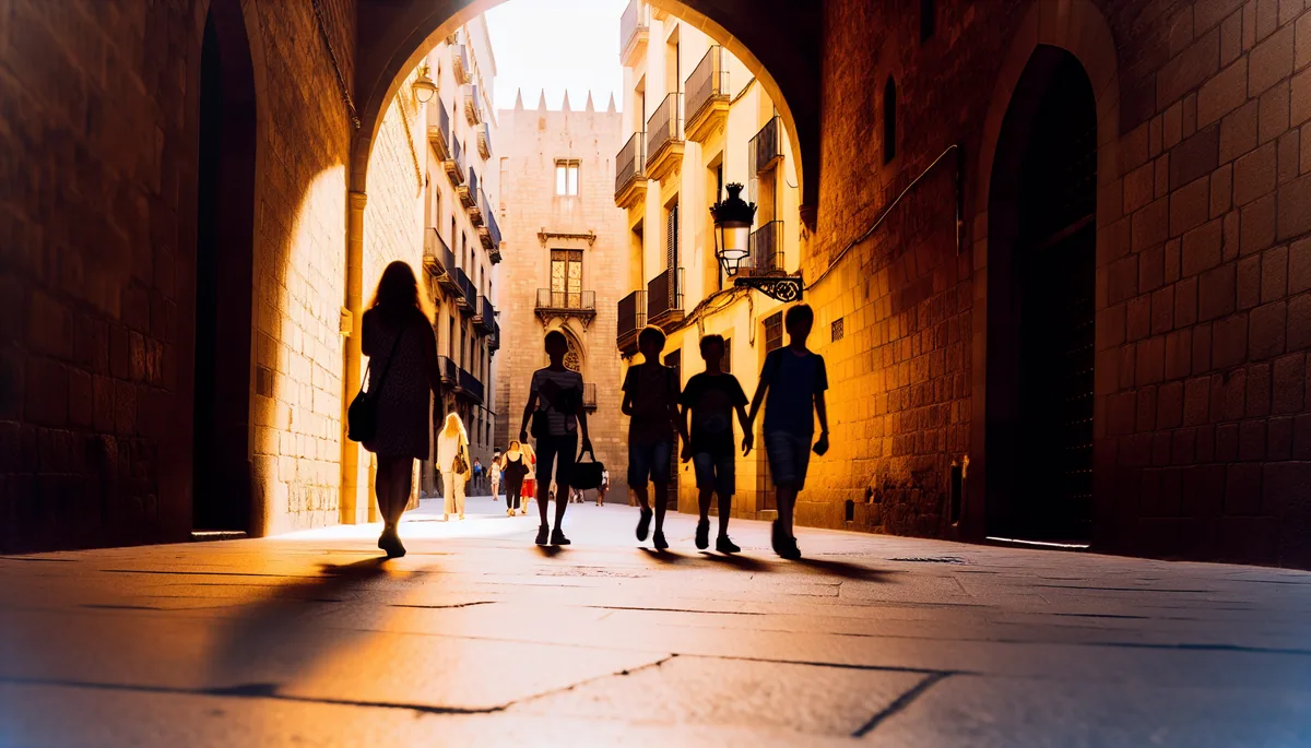 Family silhouettes walking through the historic Gothic Quarter of Barcelona with ancient stone architecture and warm golden lighting