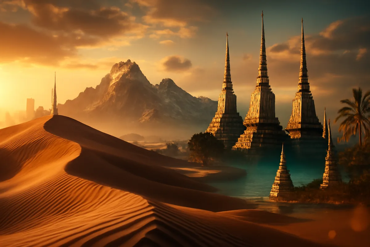 A sweeping cinematic travel landscape blending iconic winter destinations including golden desert dunes at sunset and tropical Asian architecture, bathed in warm amber and turquoise tones.