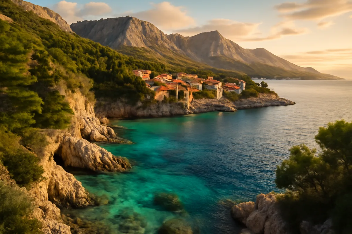 Panoramic view of Montenegro's stunning Adriatic coastline featuring turquoise waters, limestone cliffs, and a picturesque village with terracotta rooftops nestled between mountains and the sea at golden hour.