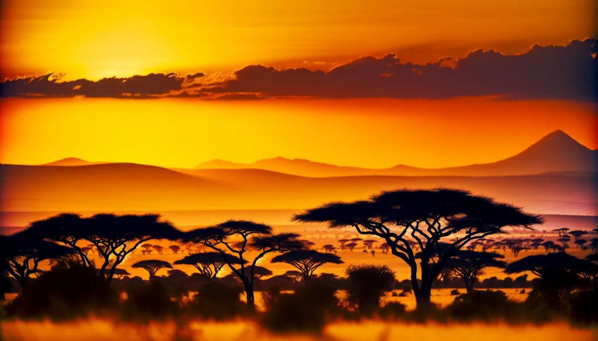 Stunning African savanna landscape at sunset with silhouetted acacia trees against an orange and golden sky