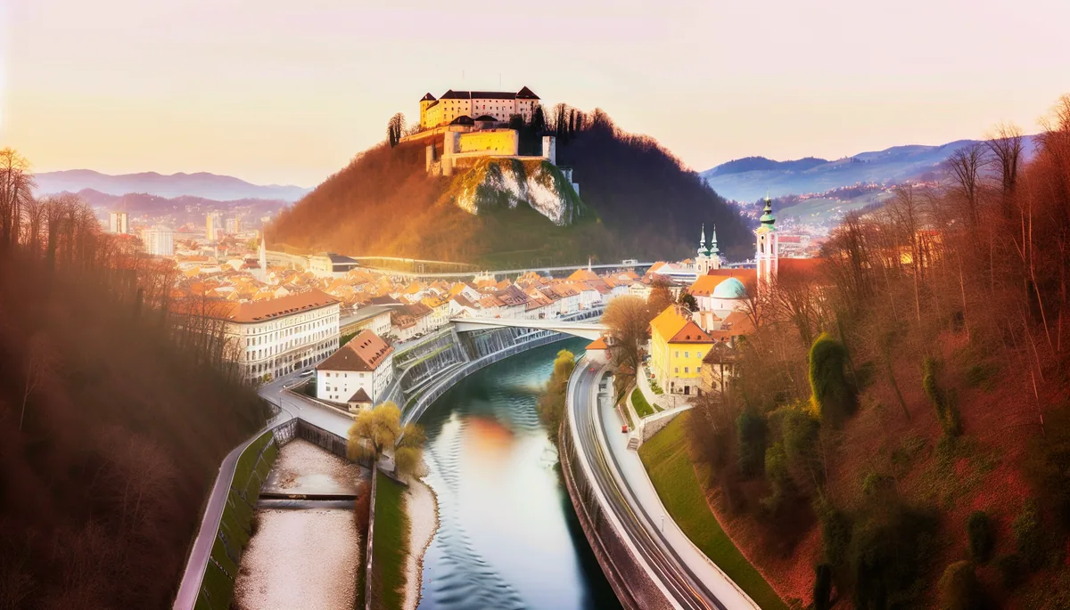 Panoramic view of Ljubljana castle and historic city center with the Ljubljanica river, captured during golden hour with warm lighting