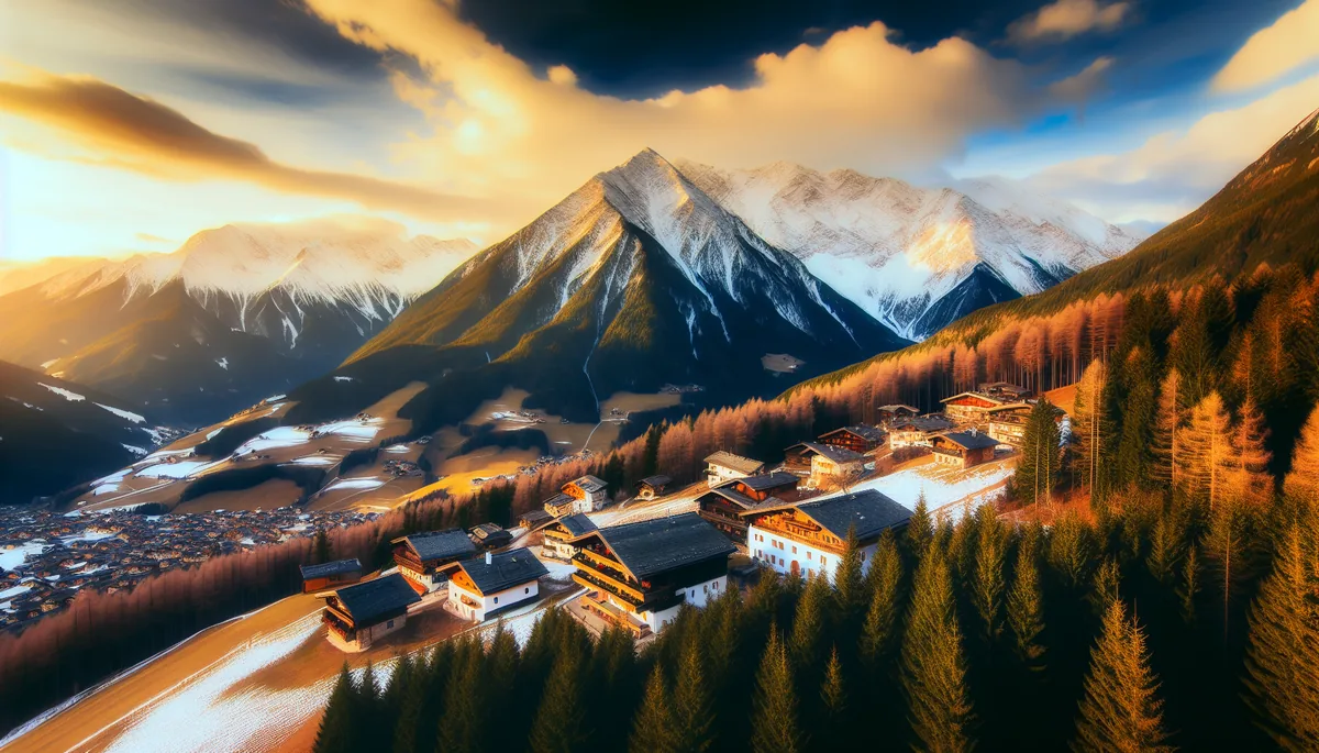 Scenic view of snow-covered Austrian Alps with a traditional alpine village in the valley, captured during golden hour with warm mountain lighting