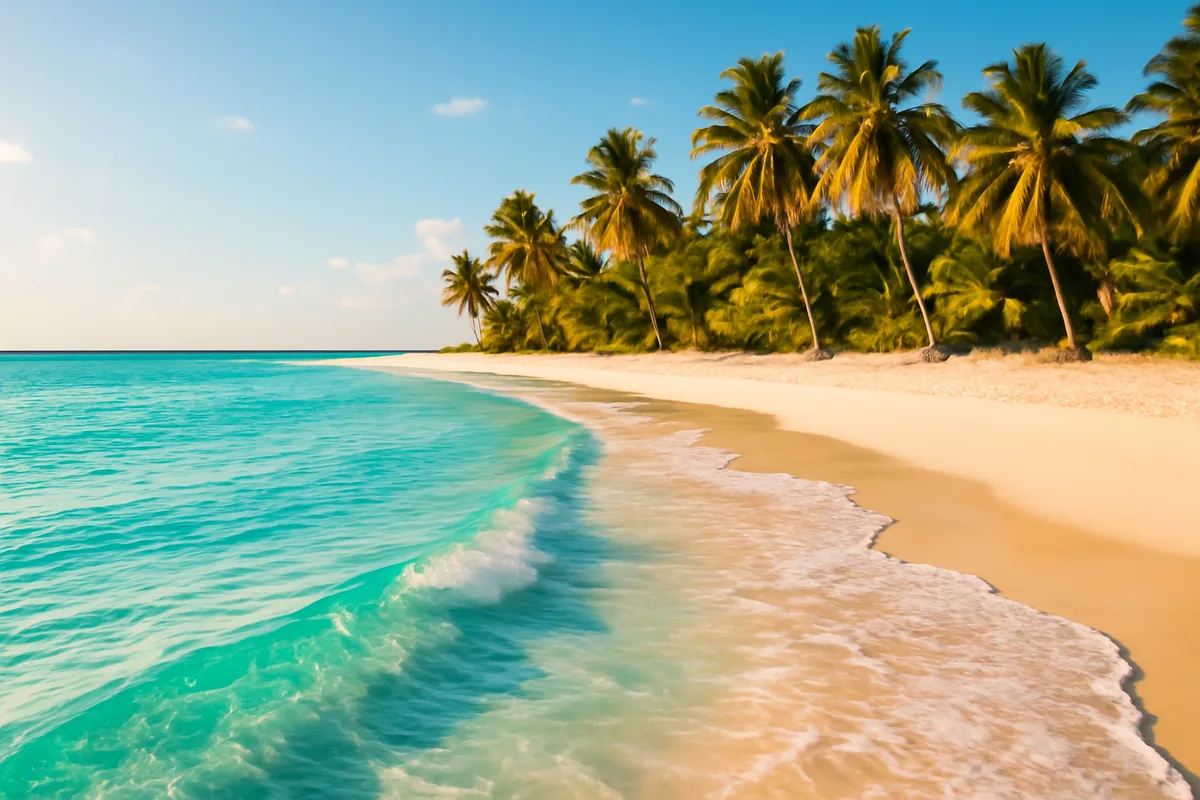 A stunning Barbados beach scene featuring turquoise Caribbean waters, white sand, and tropical palm trees under a bright sunny sky