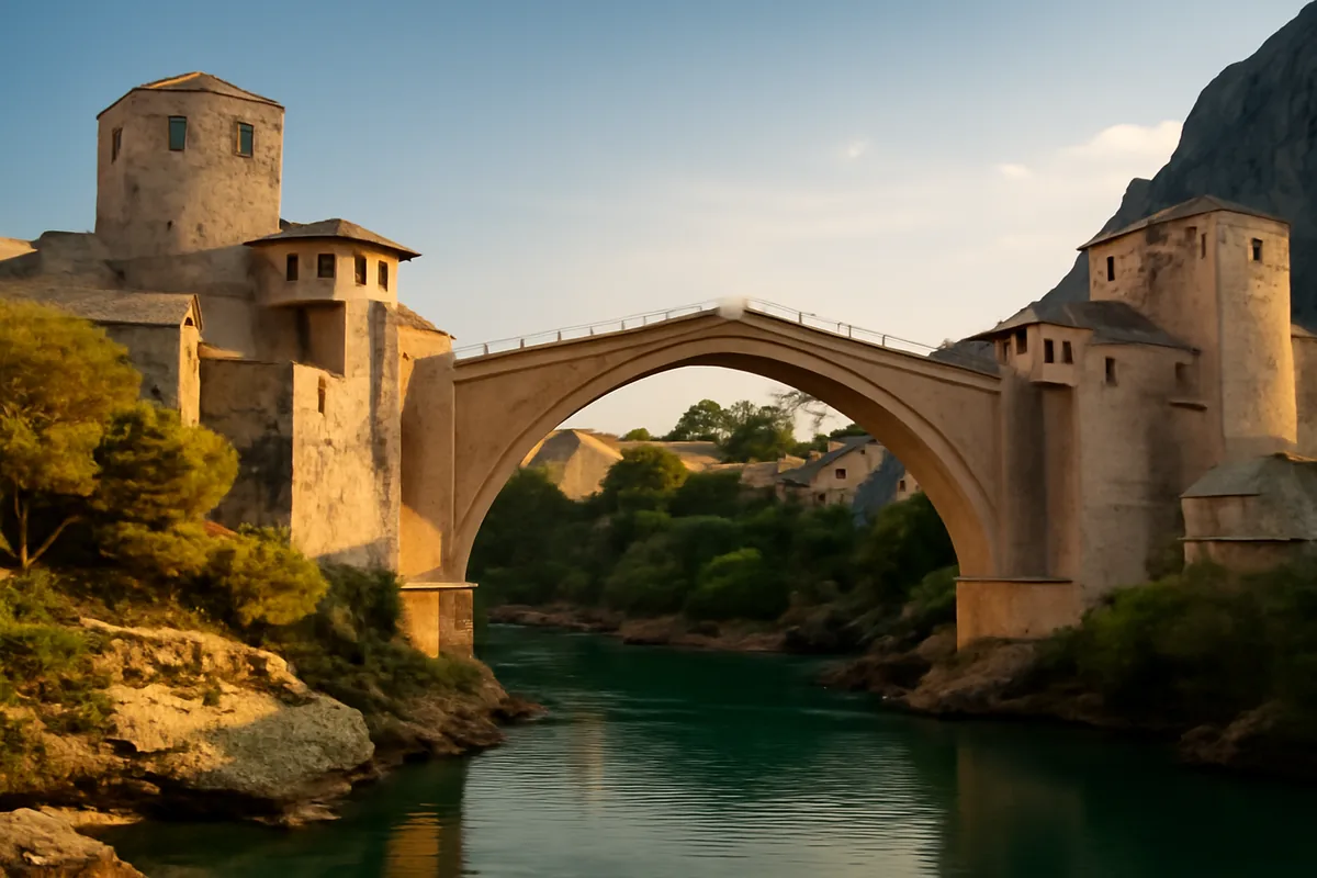 The historic Old Bridge (Stari Most) in Mostar, Bosnia and Herzegovina, spanning the turquoise Neretva River with traditional stone architecture and medieval towers in warm golden light