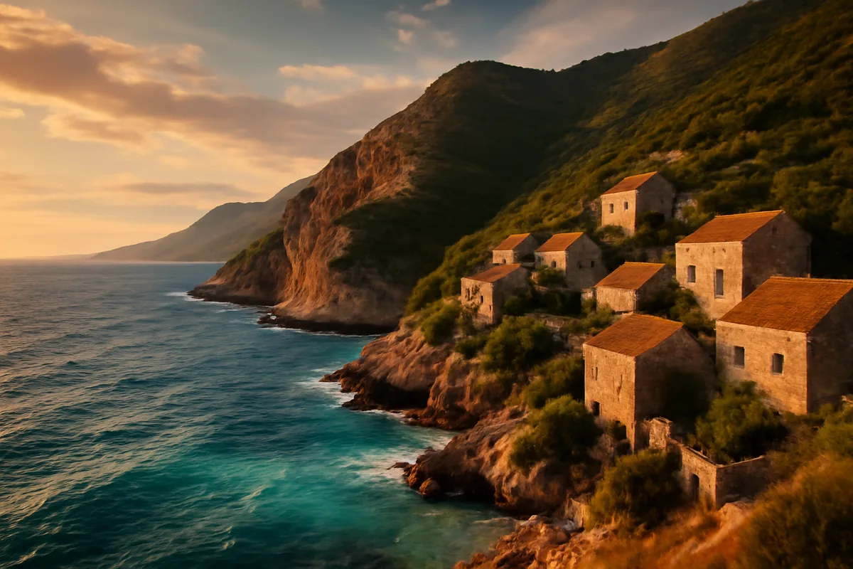 Dramatic Montenegrin Adriatic coastline with rugged limestone cliffs, turquoise waters, and a traditional stone village bathed in golden hour light
