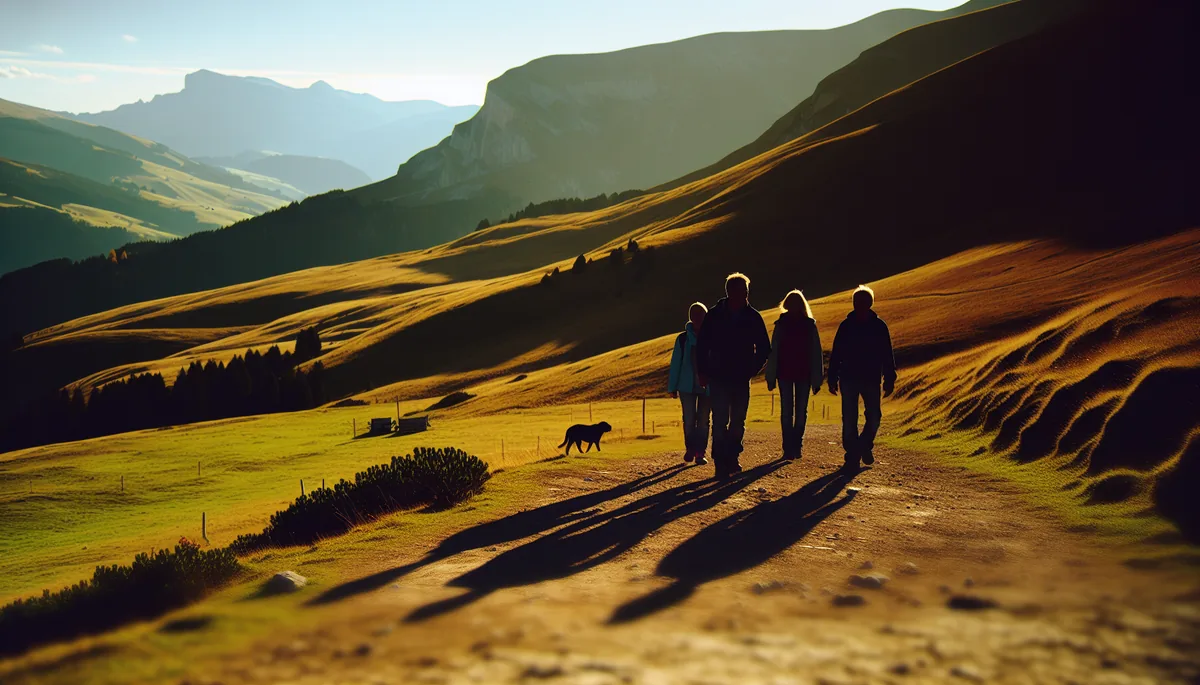 Family silhouettes walking together on a scenic mountain trail in an Alpine landscape during golden hour