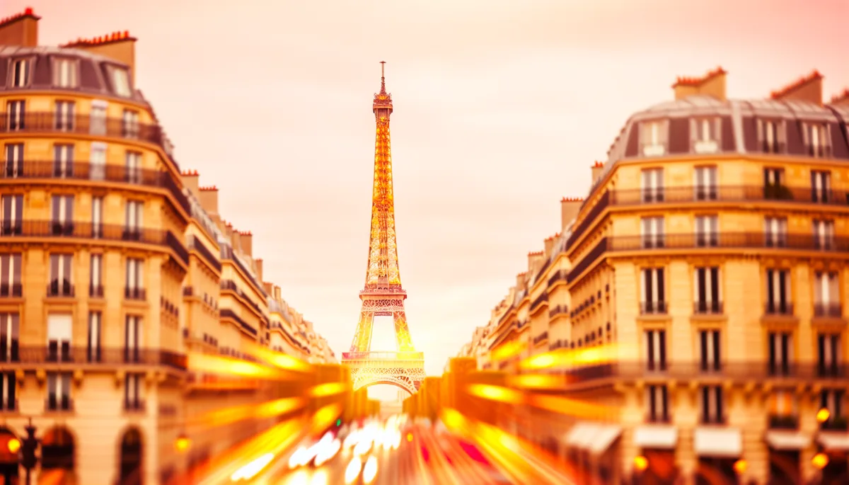 Golden hour view of the Eiffel Tower towering over traditional Parisian buildings with warm sunset lighting
