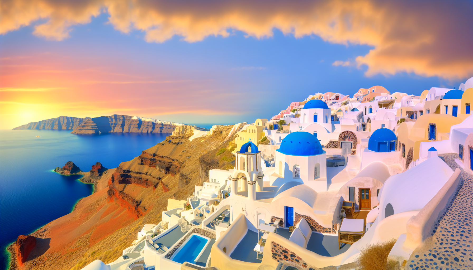 Stunning view of Santorini's famous white and blue architecture overlooking the Aegean Sea at sunset