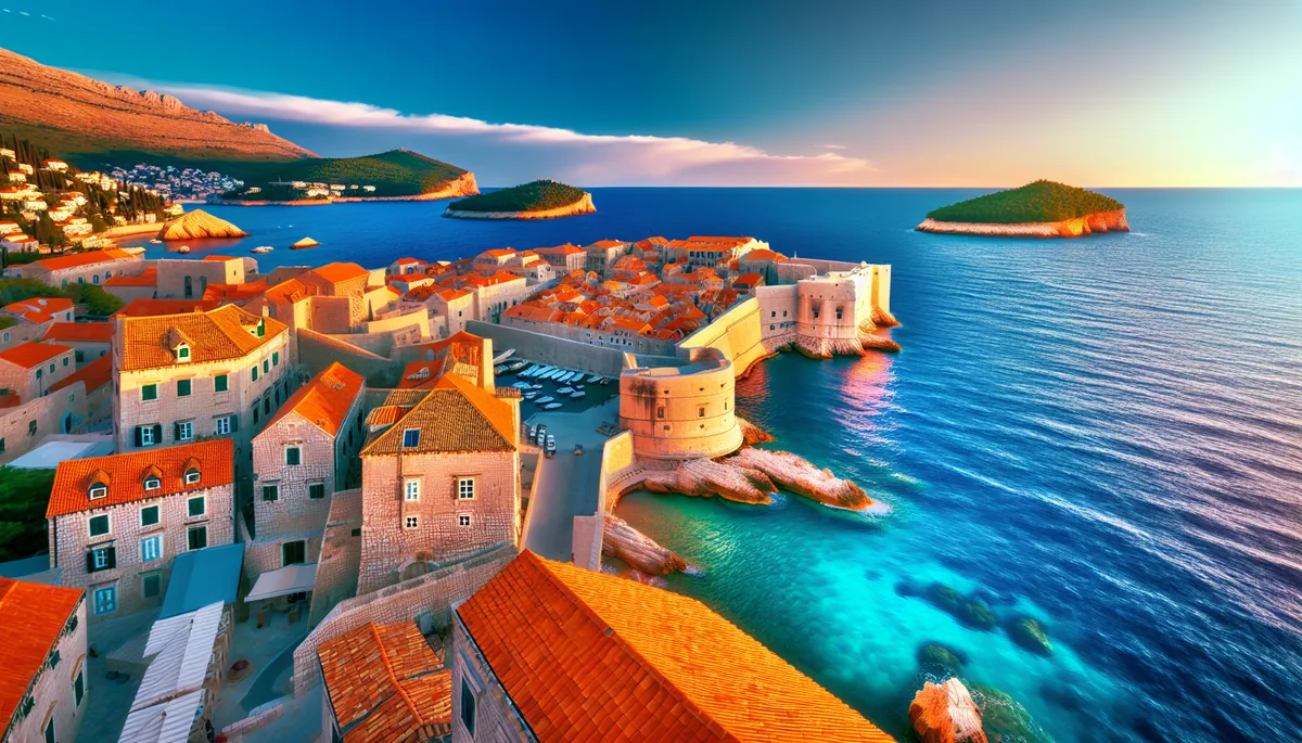 Aerial view of Dubrovnik's historic Old Town with terracotta rooftops overlooking the turquoise Adriatic Sea and Croatian coastline