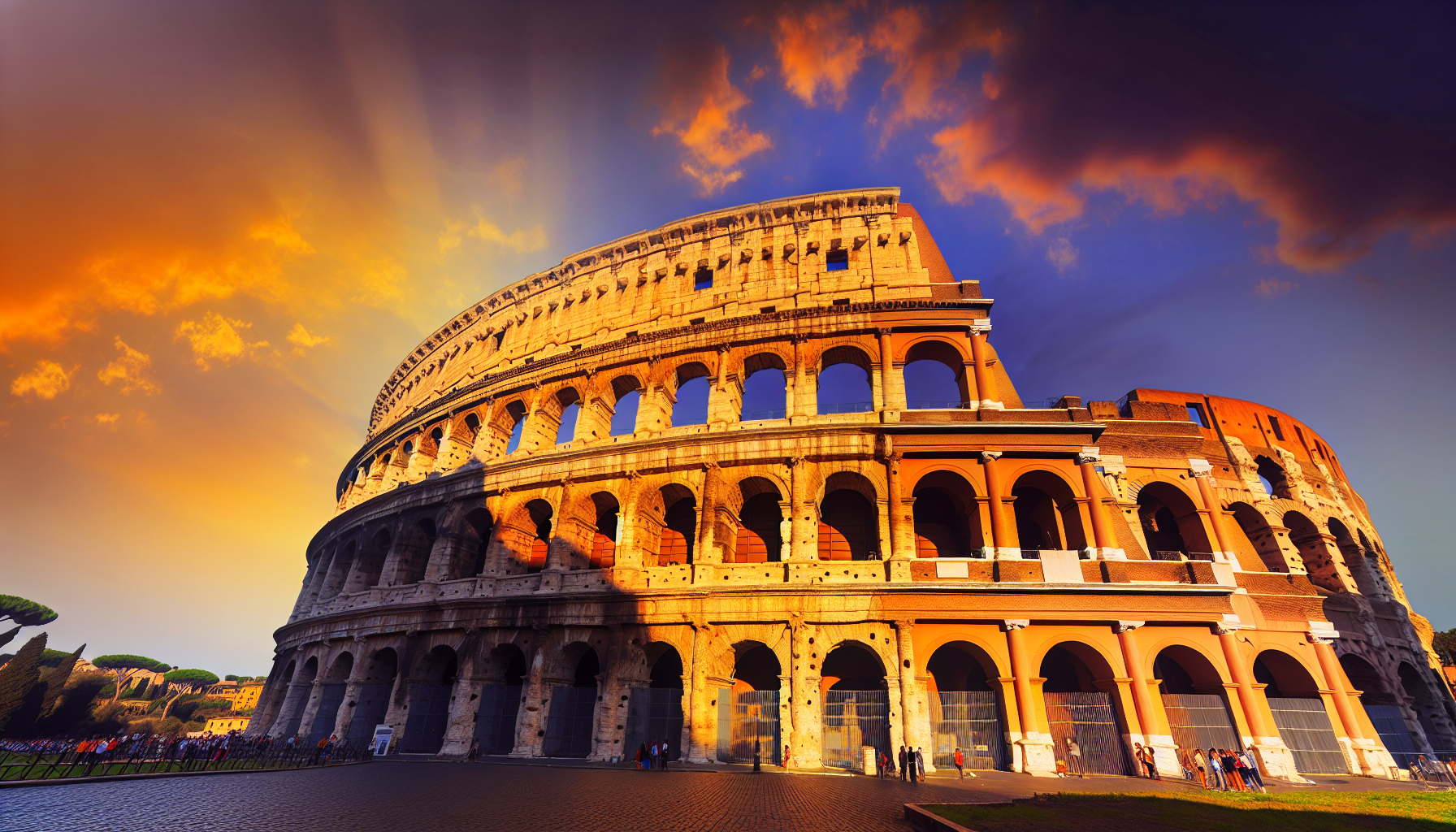 The Roman Colosseum illuminated by golden hour sunlight with tourists visible as small silhouettes in the foreground