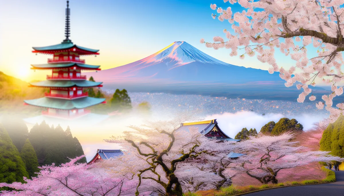 Mount Fuji at sunrise with cherry blossom trees and traditional Japanese temple, creating a classic Japanese landscape scene