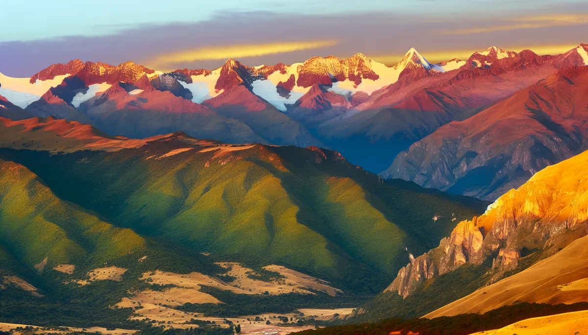 Breathtaking panoramic view of the snow-capped Andes mountains with green valleys below during golden hour