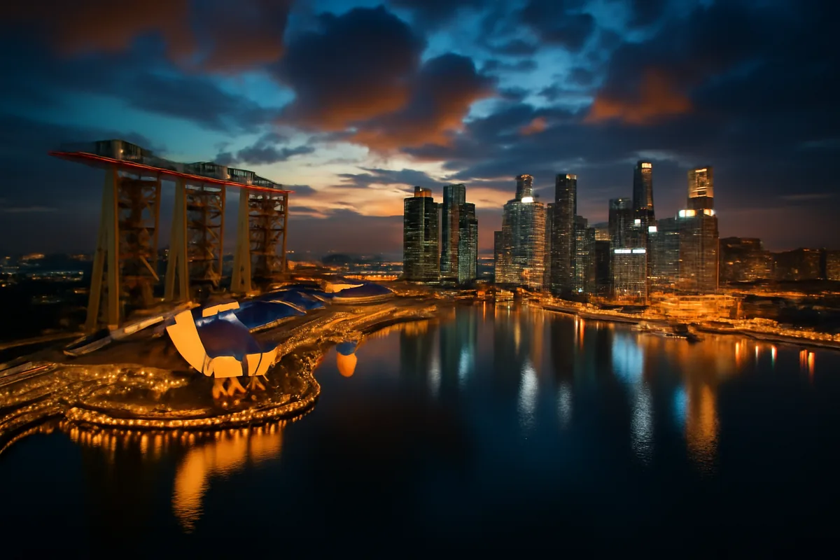 Aerial panoramic view of Singapore's iconic Marina Bay skyline at twilight, with city lights reflecting on the water and a dramatic sky overhead