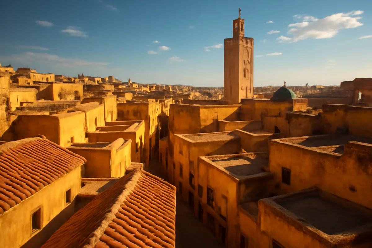 Aerial view of a traditional Moroccan medina with terracotta rooftops, a towering minaret, and winding ancient streets bathed in warm golden afternoon light.