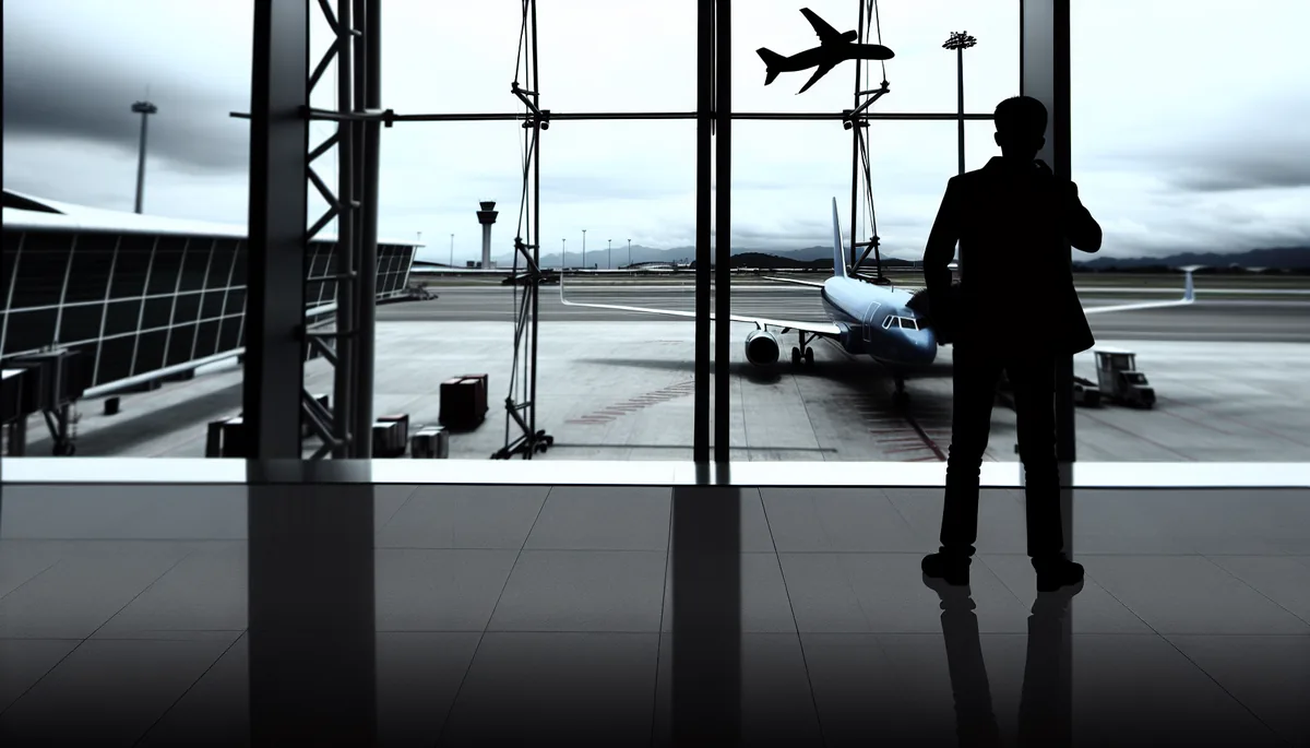 Silhouette of a traveler standing at an airport terminal window looking out at planes on the runway under overcast skies