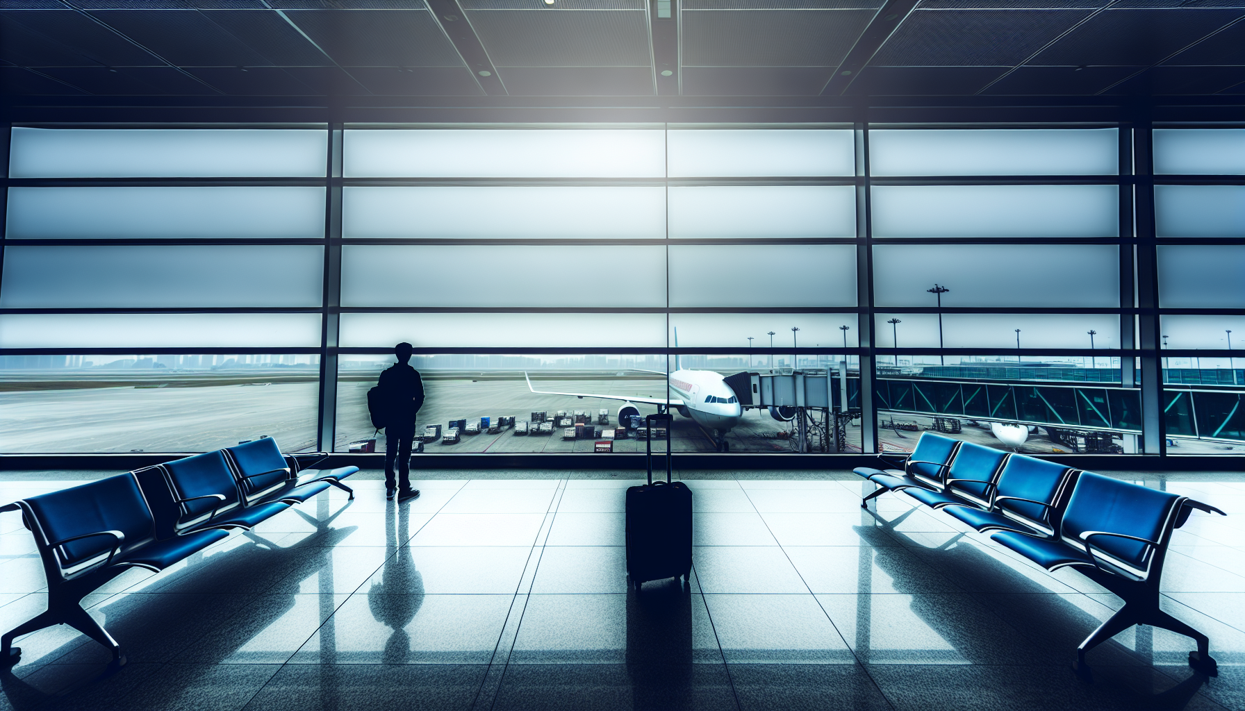 Silhouette of a traveler standing alone at an airport terminal window, looking out at aircraft on the tarmac under an overcast sky