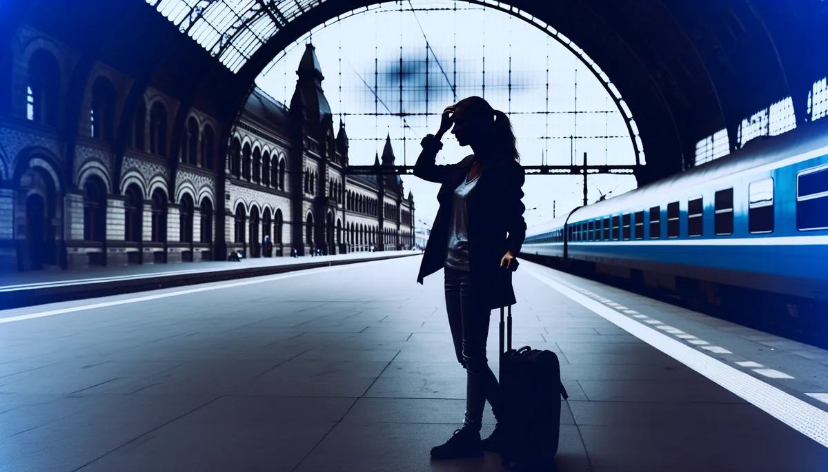 Silhouette of a traveler standing on a European train station platform under moody overcast skies, conveying the frustration of travel connectivity issues