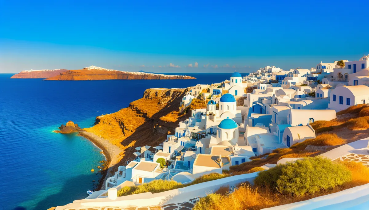 Picturesque Mediterranean coastal village with white buildings and blue domes overlooking crystal clear turquoise waters during golden hour