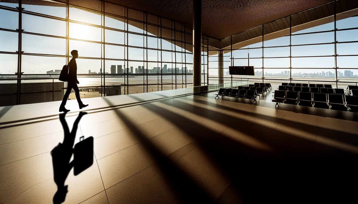 Silhouette of a business traveler walking through a modern airport terminal with city skyline visible through large windows during golden hour