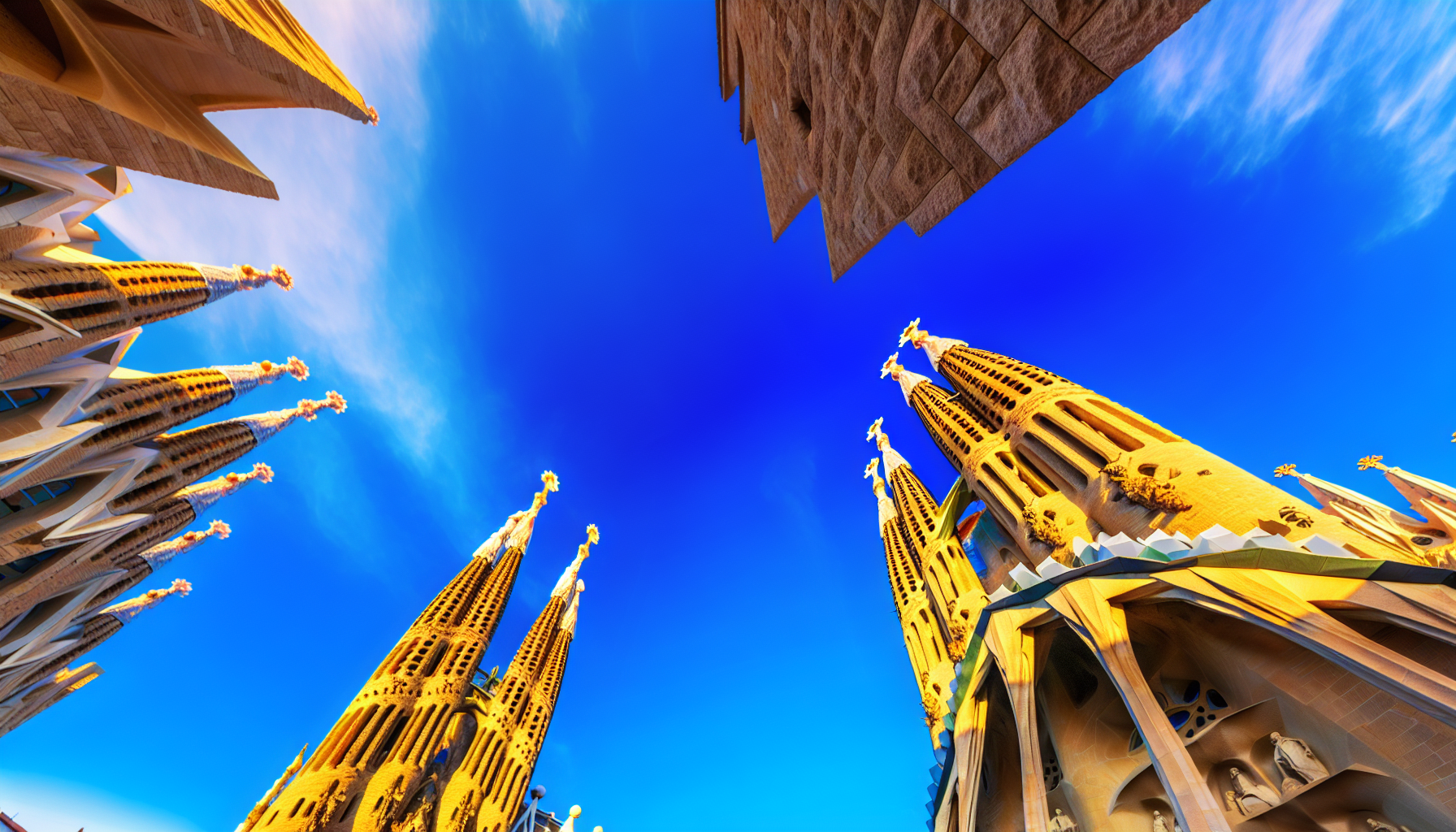 The iconic spires of Sagrada Família basilica in Barcelona, Spain, photographed during golden hour with dramatic lighting against a clear blue sky