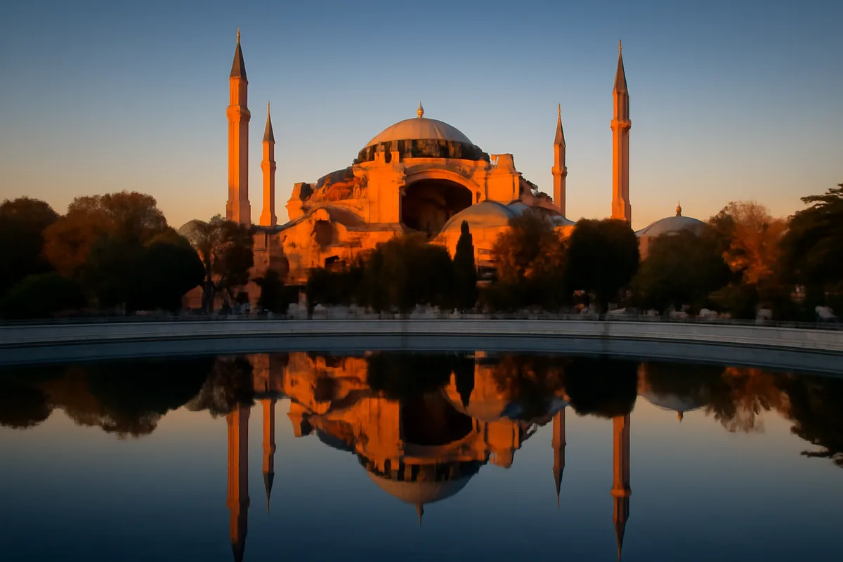 The Hagia Sophia mosque in Istanbul, Turkey, reflected in a calm pool during golden hour, with warm amber light illuminating its minarets against a deep blue sky.