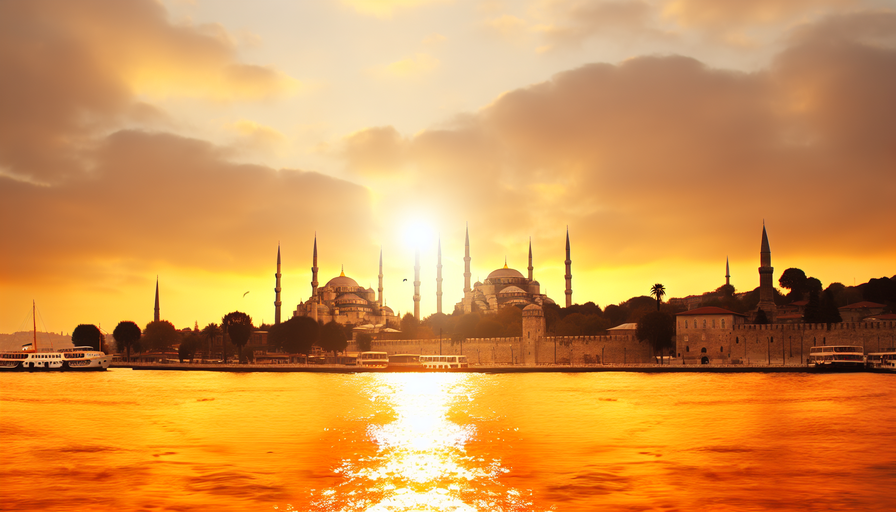 Stunning sunset view of Istanbul's historic skyline featuring the Blue Mosque and Hagia Sophia with the Bosphorus strait in the foreground