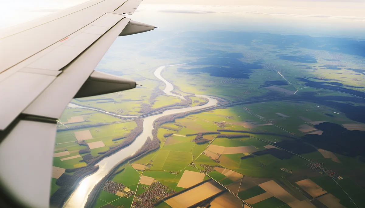 Aerial view from airplane window showing European countryside with green fields and rivers below during daytime flight
