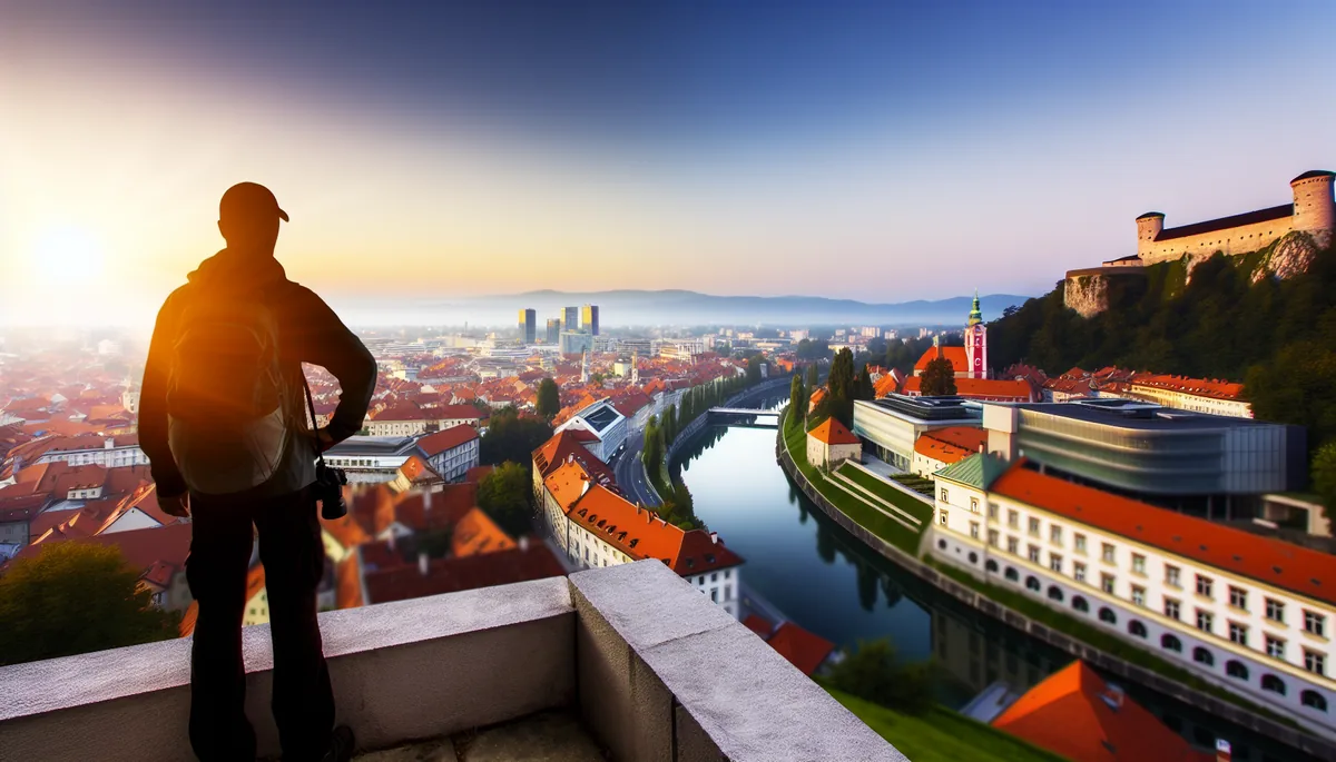 Scenic panoramic view of Ljubljana, Slovenia with the historic castle, red-tiled rooftops, and river, photographed during golden hour with a traveler silhouette in the foreground