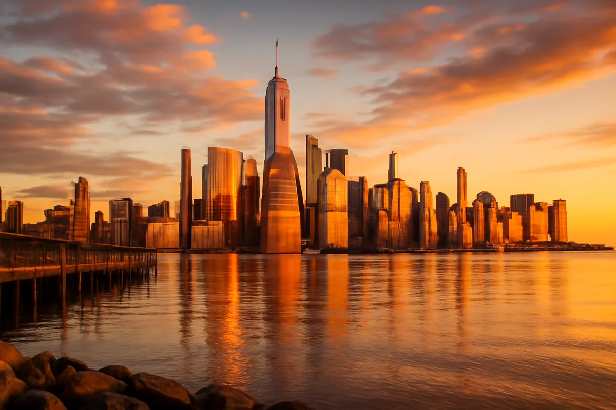 New York City skyline at golden hour reflected in the Hudson River, with Manhattan skyscrapers bathed in warm sunset light