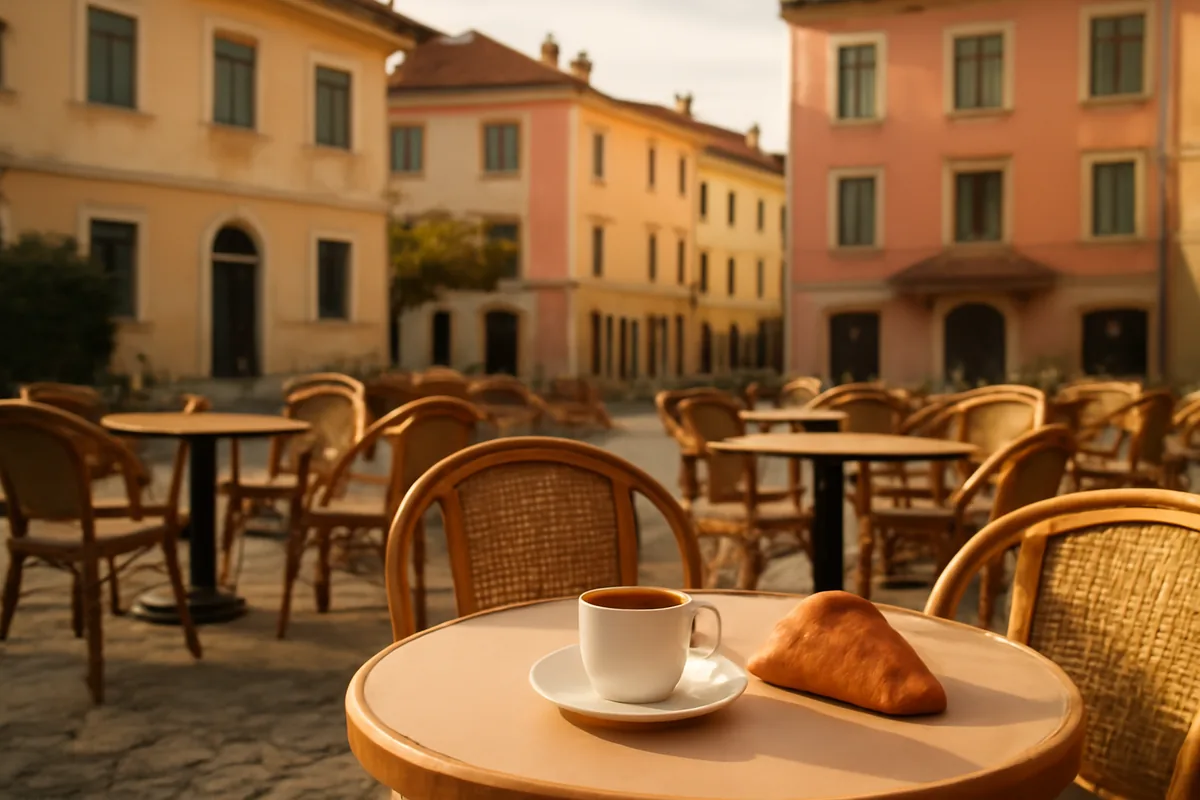 A sunlit European café terrace with cobblestone streets, historic pastel buildings, and a coffee cup with a croissant on a small round table in warm morning light.