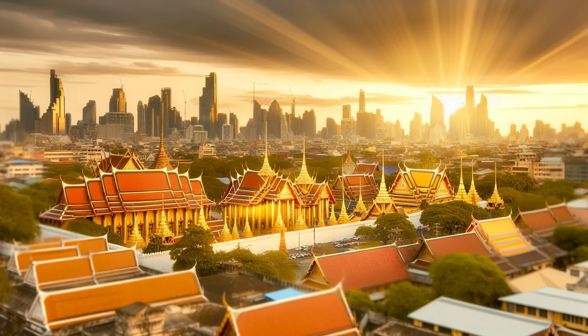 A stunning view of a traditional Asian temple with golden architecture in the foreground, with a modern city skyline visible in the background during golden hour