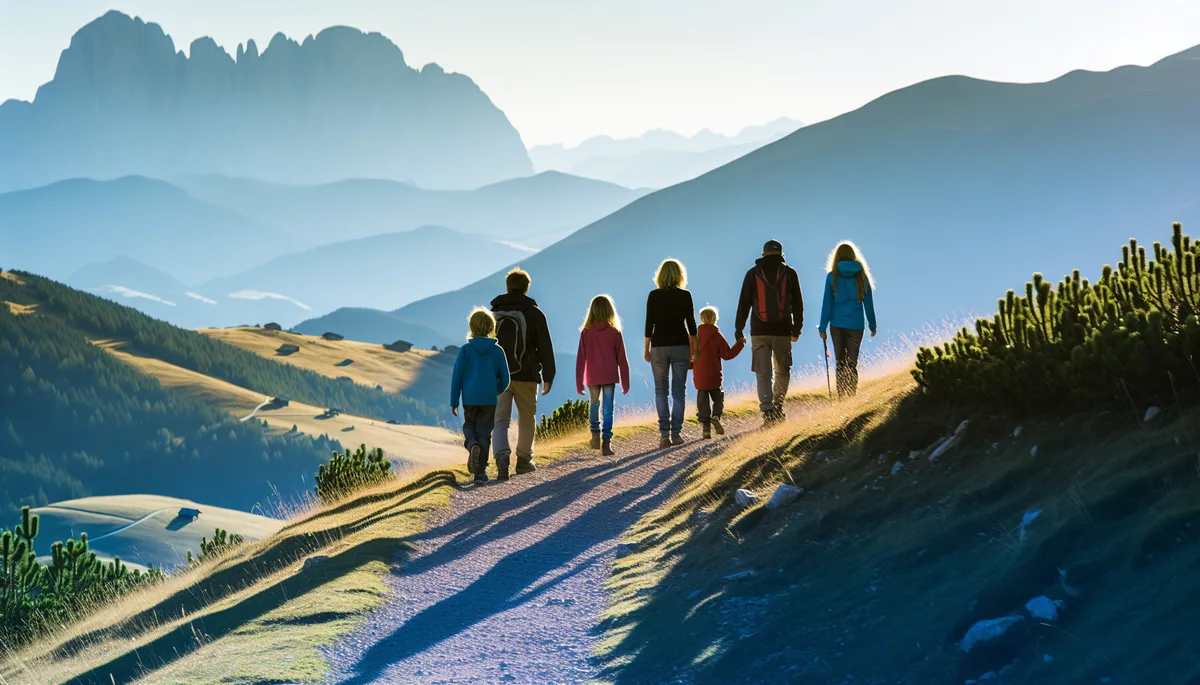 Family silhouettes walking together on a scenic mountain trail during golden hour with alpine landscape in the background