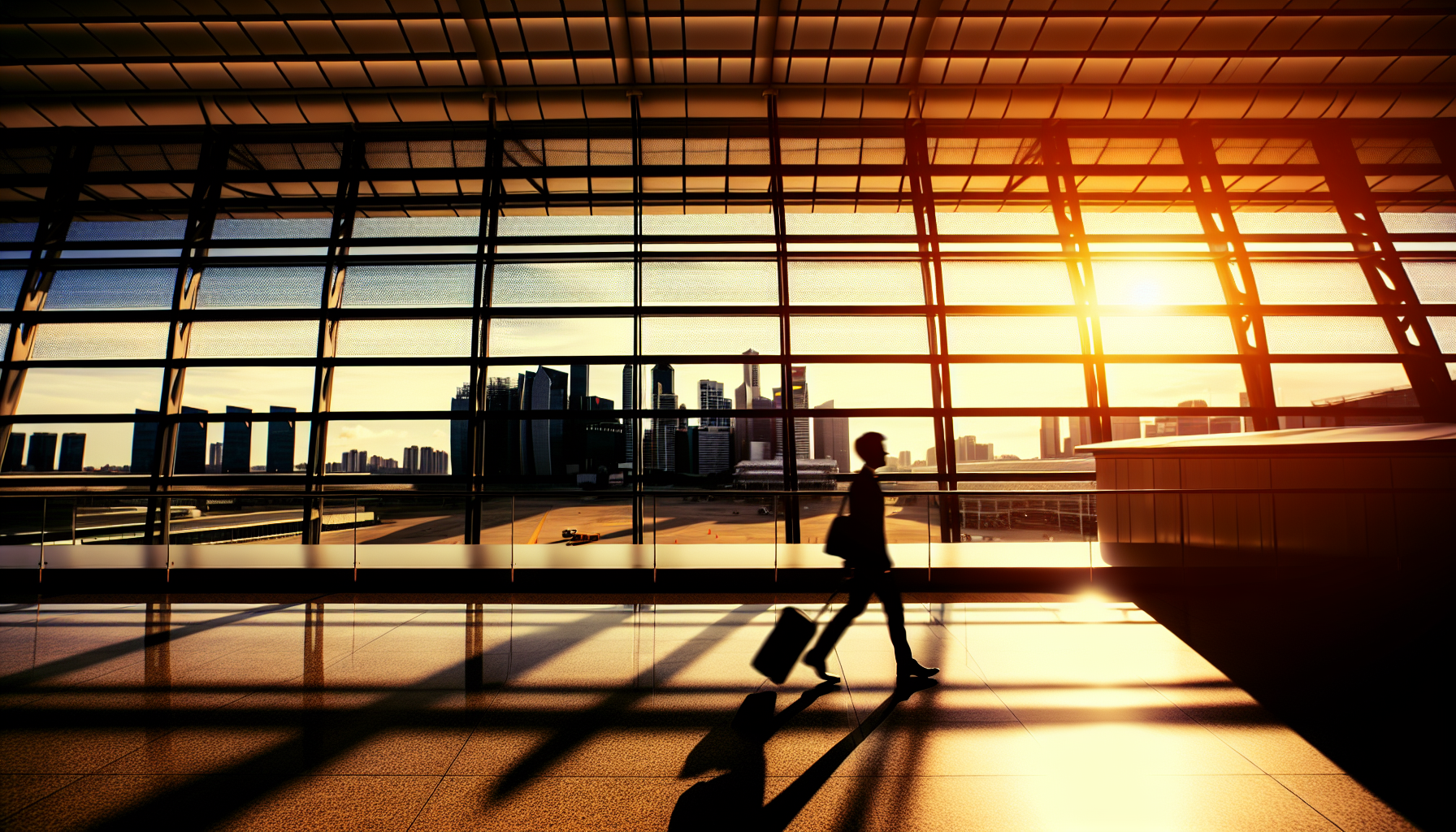 Silhouette of a business traveler walking through a modern airport terminal with city skyline visible through large windows during golden hour