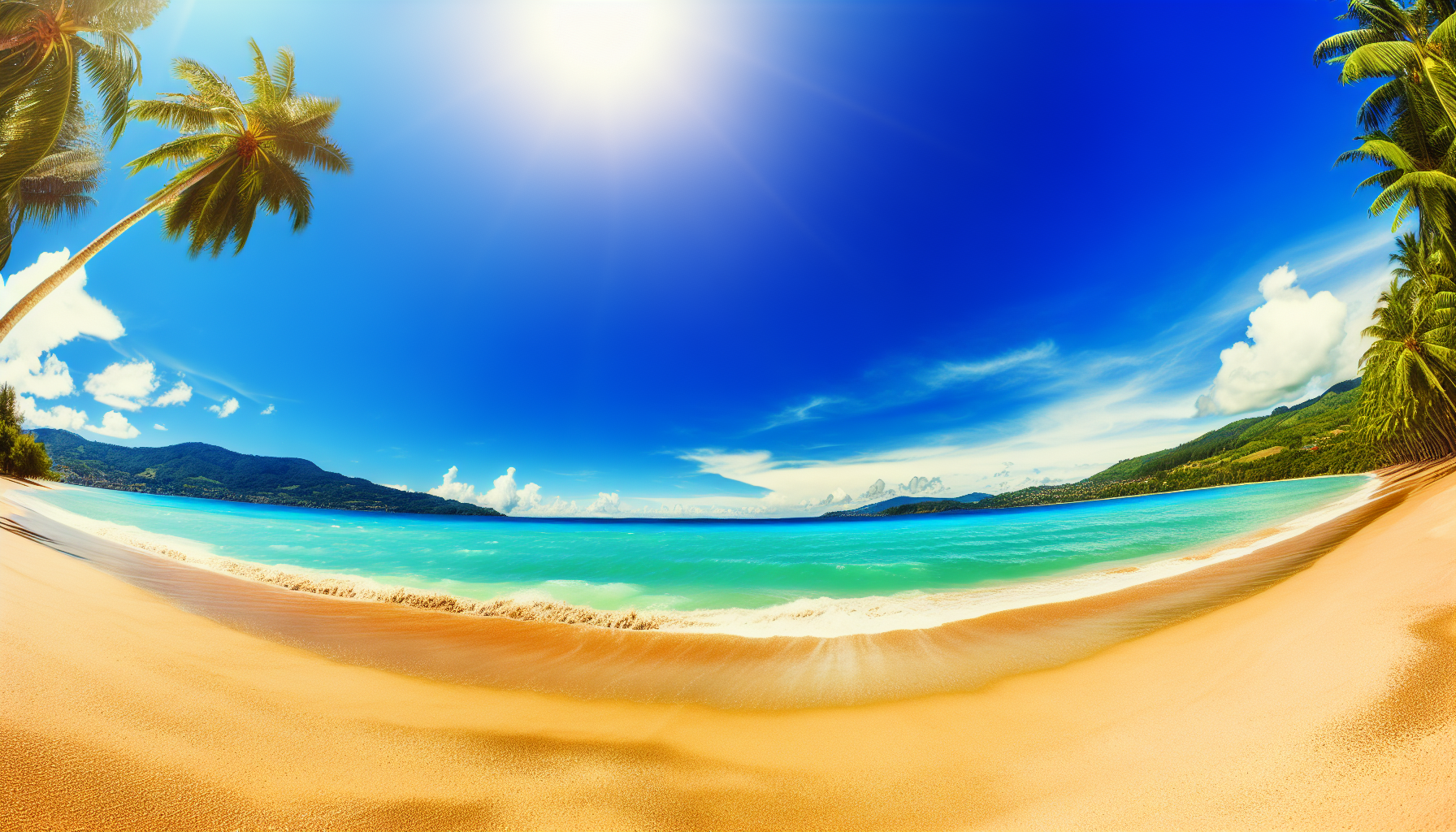 Beautiful tropical beach with golden sand, clear turquoise water, palm trees, and mountains in the distance under a bright blue sky