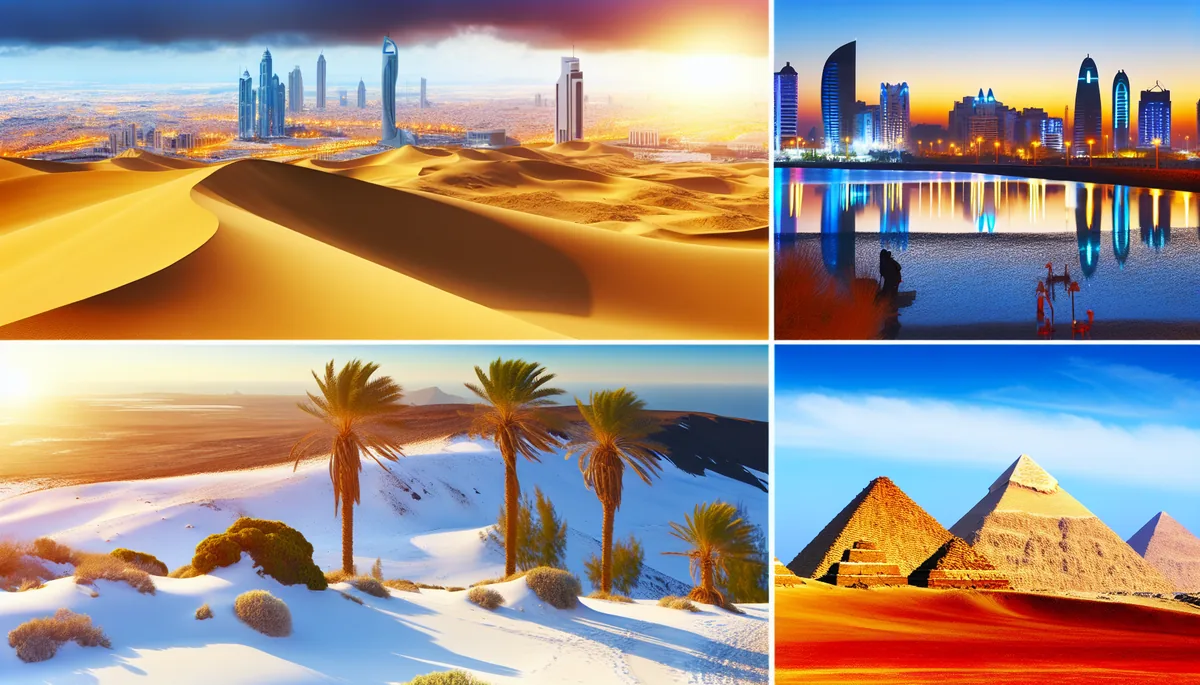 Panoramic view combining three popular winter destinations: Dubai's golden sand dunes with modern city skyline, Canary Islands volcanic terrain with palm trees, and Egyptian pyramids under bright blue sky