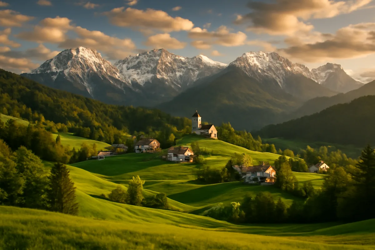 Scenic Slovenian alpine landscape featuring green rolling hills, a charming village in the valley, and snow-capped Julian Alps in the background under warm golden hour light.