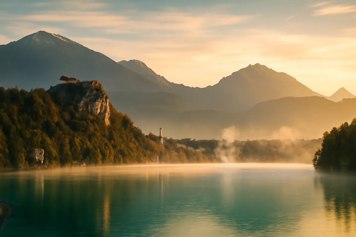 Scenic panoramic view of Lake Bled in Slovenia with the iconic castle on a cliff, surrounded by the Julian Alps in misty morning light