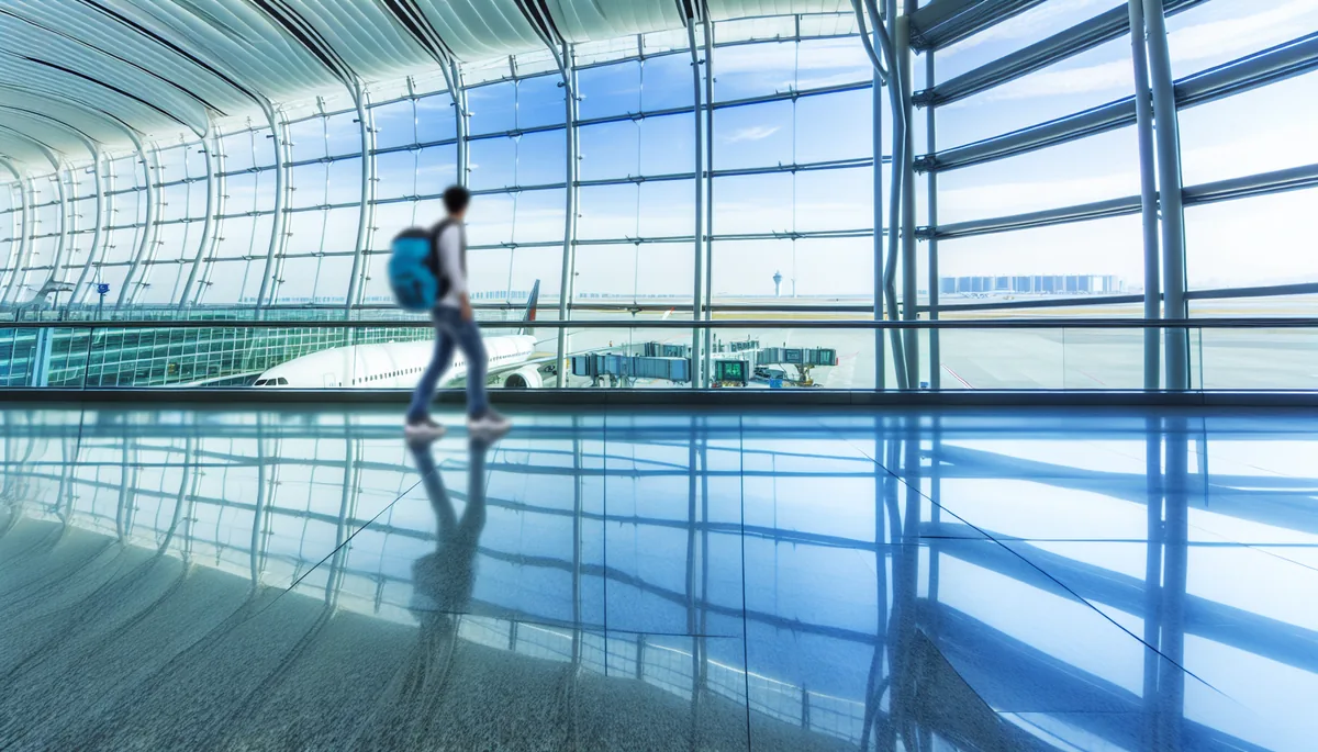 Traveler with backpack walking through a modern airport terminal with large windows showing aircraft, representing travel preparation and connectivity