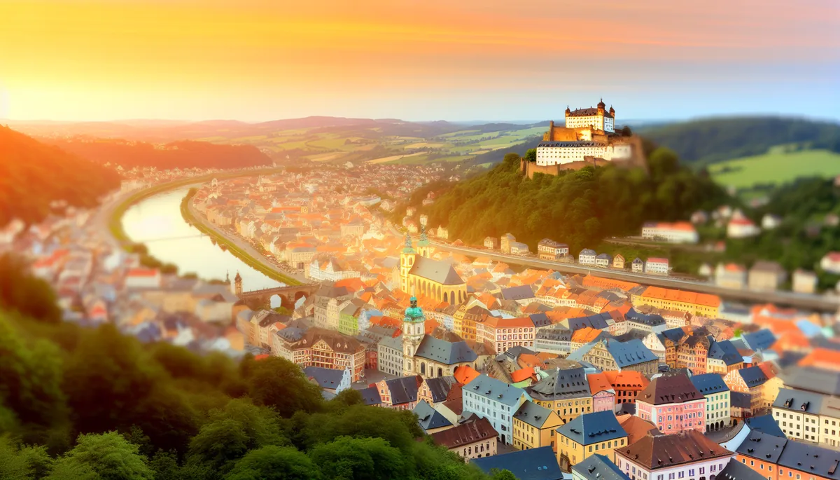Aerial view of Ljubljana Castle and historic city center with the Ljubljanica River, captured during golden hour