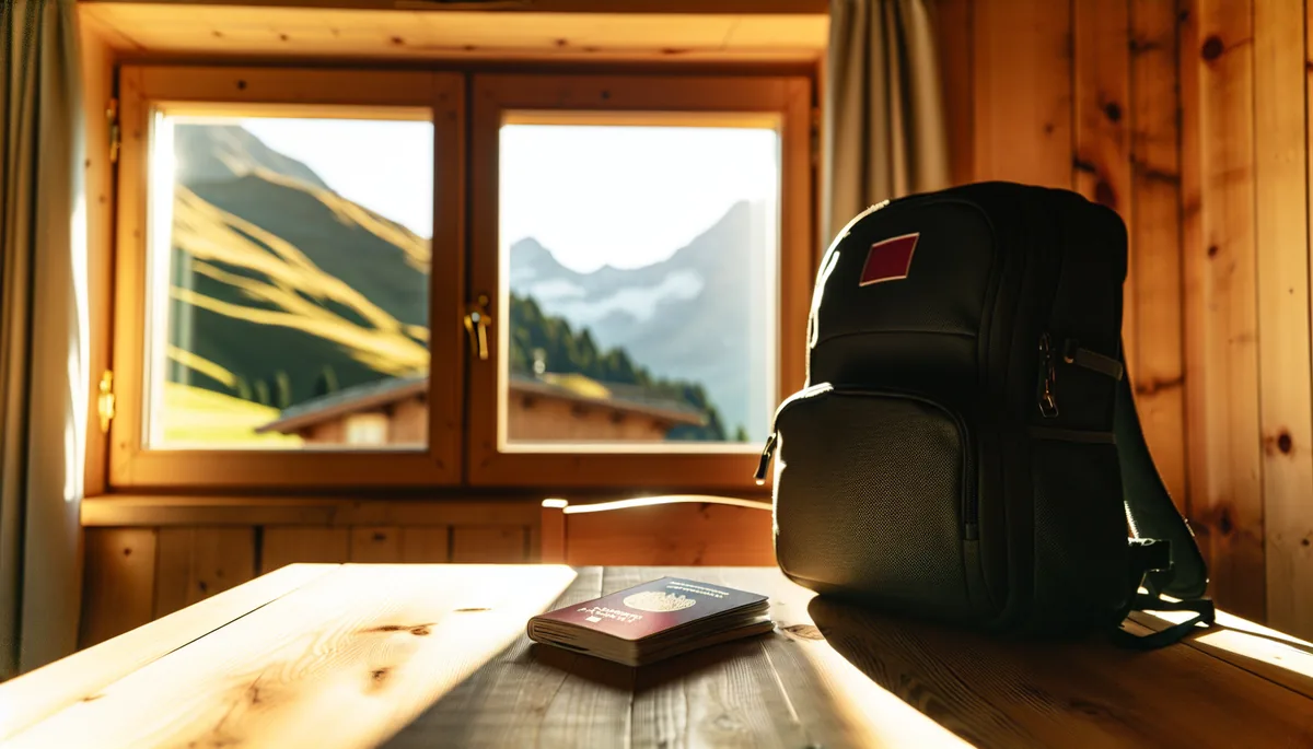 A traveler's backpack and passport on a rustic wooden table inside a mountain lodge, with a breathtaking Alpine landscape visible through a large window in golden hour lighting