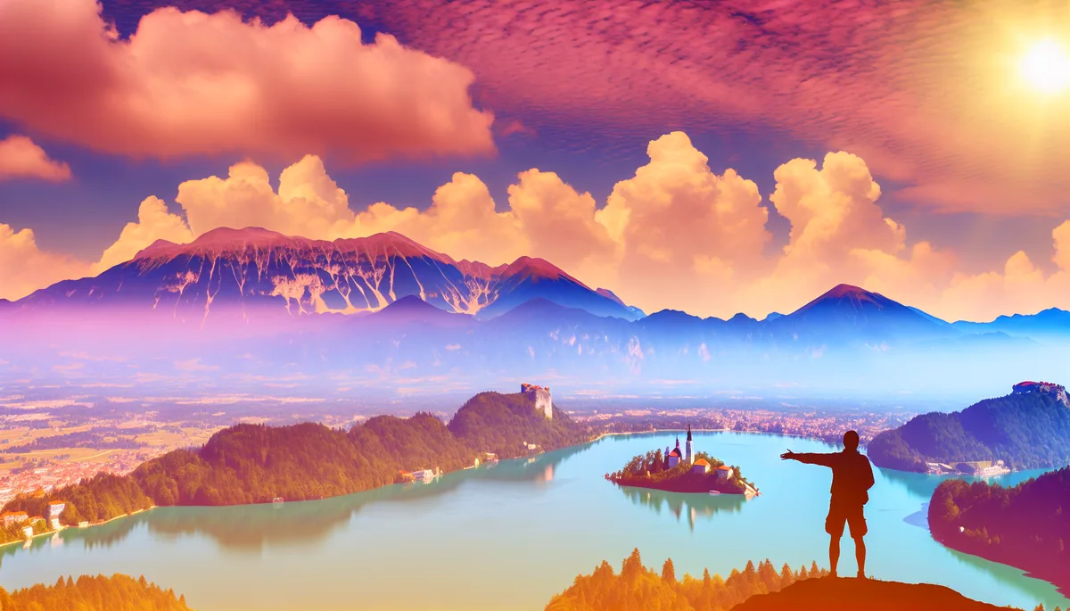 Scenic view of Lake Bled in Slovenia with a traveler silhouette overlooking the alpine lake, island church, and surrounding mountains during golden hour