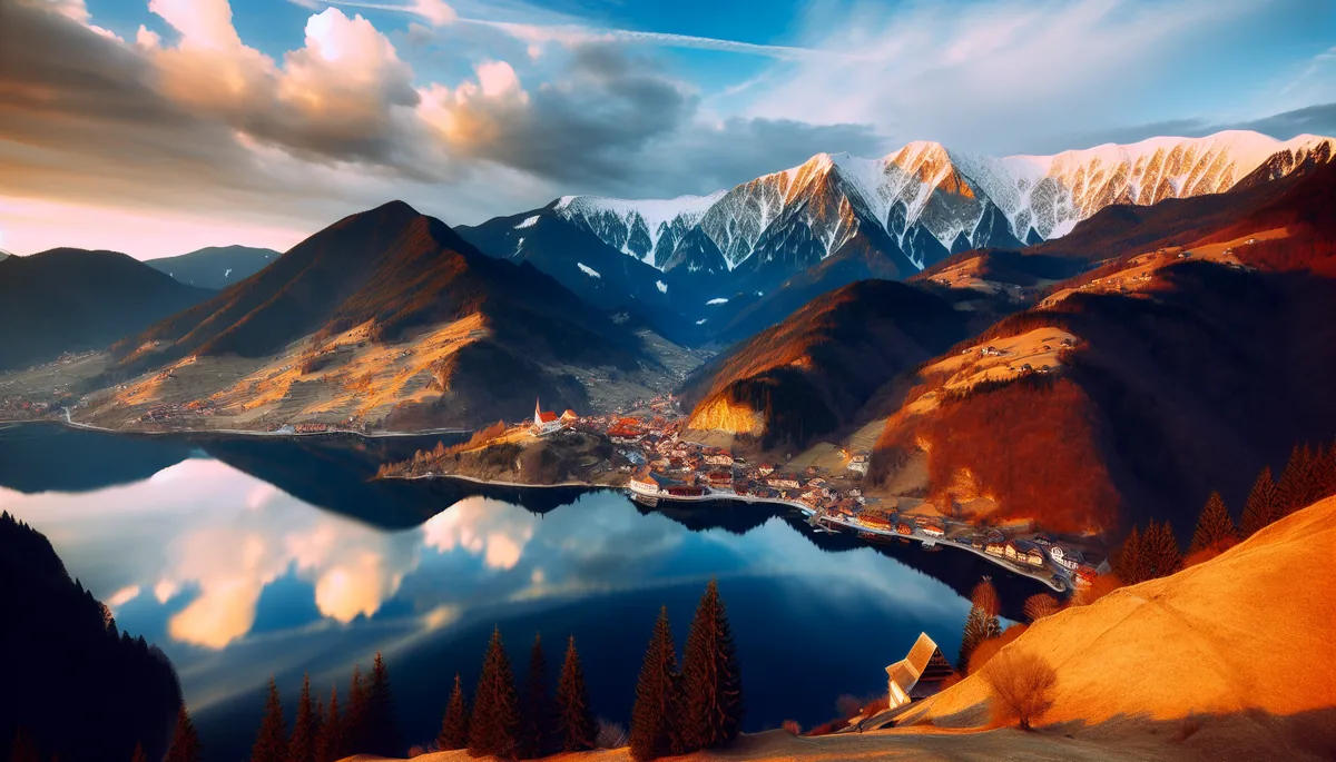 Stunning alpine landscape with snow-capped mountains reflected in a pristine lake, with a charming European village in the valley below during golden hour